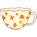 Teacup with a scalloped rim and orange flower patterns.