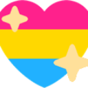 Heart shaped icon with pink, yellow, and blue stripes featuring two sparkling stars.