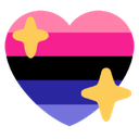 Heart shape colored with the omnisexual pride flag stripes and decorated with two yellow four-pointed sparkles.