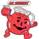 Red pitcher character with a wide smile holding a small glass and shouting with excitement.