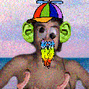 A low-resolution, deep-fried image of a person wearing a colorful propeller hat and a rainbow-colored beard.