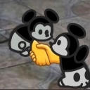 Two vintage black and white cartoon characters shaking hands with a bright yellow hand.