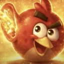 Red from Angry Birds smiling with a bright golden glowing aura.