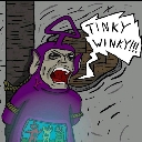 Tinky Winky with a distorted, terrifying face screaming his own name in a speech bubble.