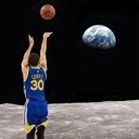 Stephen Curry in a Golden State Warriors jersey shooting a basketball while standing on the surface of the moon.