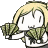 A cartoon character holding fans of cash in both hands with a smug expression.