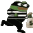 Pepe the Frog wearing a burglar mask and striped shirt while running away with a bag of money.