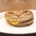 A cat face merged with a cheeseburger sitting on a white plate.