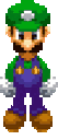 A character in a green hat and purple overalls shown from front, side, back, and three-quarter views in pixel art style.