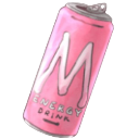A stylized pink energy drink can with a large letter M on the front.