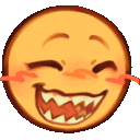A row of four yellow circular faces with wide, sharp-toothed grins and pink blushing cheeks.