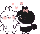 Two cartoon bunnies, one white and one black, kissing with pink hearts floating above them.