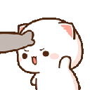 A small white cartoon cat with pink ears receives a repetitive pat on the head from a gray hand.