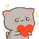 A cute gray cat holding a red heart with sparkling effects around it.