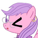 Pony character with purple hair and glasses winking playfully.