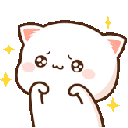 A white kitten with sparkling eyes looks up pleadingly before switching to a happy, smiling expression.