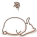 A round, white character lying face-down on the ground with a brown scribble symbol above its head indicating frustration.