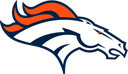 Denver Broncos logo featuring a stylized white horse head with an orange mane on a navy blue background.