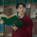 A young man with dark hair wearing a red shirt holds a green book and looks to the side with a confused expression.