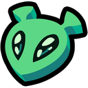 A stylized green alien head with large, dark, expressive eyes against a black background.