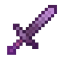 A purple pixelated sword resting against a green block.