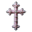 An ornate, three-dimensional cross colored in pastel pink with gray accents.
