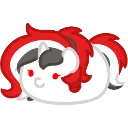 A small white bean-shaped character with vibrant red hair lying down in a mischievous pose.