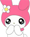 My Melody the bunny with a flower on her ear, looking up with large, teary, glistening eyes while holding her paws to her mo…