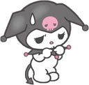 Kuromi with a black hood and pink skull icon looking nervous with a large sweat drop on her forehead.