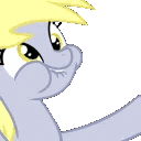 A light gray cartoon pony with blonde hair smiling and waving its hoof.