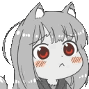 Anime girl with animal ears and red eyes looking skeptical with a blushing face.