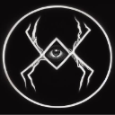 An eye centered in a diamond shape with sharp, spider-like limbs enclosed in a circle.