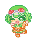 Anime girl with green hair winking and waving with a cheerful expression.