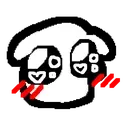 A stylized white dog face with large heart-shaped pupils and bright red blush marks on its cheeks.