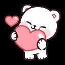 A small white bear with rosy cheeks happily hugging a large pink heart with a small floating heart nearby.