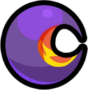 A purple sphere partially covered by a yellow and orange crescent shape against a black background.