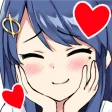 Anime girl with blue hair blushing with a shy smile and red hearts floating around her.