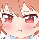Anime girl with a pouting, grumpy expression and flushed cheeks.