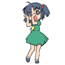 Anime girl with blue hair and a green dress clapping her hands together repeatedly.