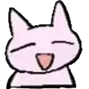A small, white, cat-like creature with closed eyes and a wide, open-mouthed, happy expression.