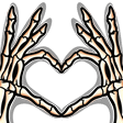 Skeleton hands forming a heart shape against a black background.