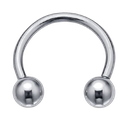 A silver circular barbell piercing with two spherical ends.