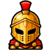 Gold knight wearing a shiny helmet with a red crest and red cape.