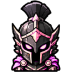 Knight wearing black and pink armor with glowing eyes.
