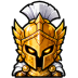 Knight wearing a golden helmet with a white plume and glowing eyes.