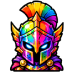 Knight wearing a rainbow-colored helmet with glowing eyes.