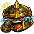 A knight in a golden helmet laughing hysterically with tears streaming from their eyes.