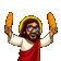 Jesus wearing rainbow sunglasses holds up two loaves of bread in a celebratory pose.