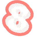 A white number eight with a textured pattern on a circular pink background.