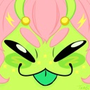 A lime-green cartoon creature with pink hair sticking its tongue out in a mischievous expression.
